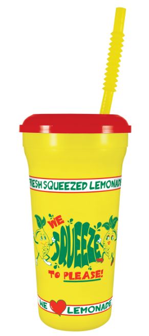 32oz Clear "We Squeeze to Please" Souvenir Cup 200 per case (choose Clear or Yellow)